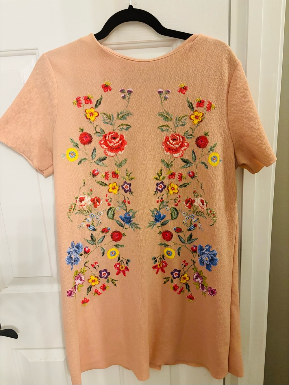 Zara Peach Mini Dress with Multicolor Floral Embroidery